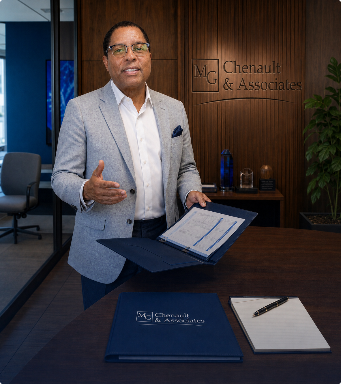 Michael Chenault standing in his office with a planning binder